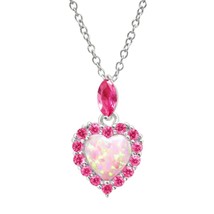 1 ct Opal &amp; Pink Sapphire Heart Pendant 14K White Gold GP Silver Summer Sale - £36.67 GBP