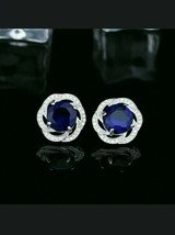 2.50 Ct Round Simulated Sapphire Halo Stud Earrings Solid 14K White Gold Plated - £95.58 GBP