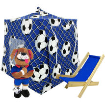 Blue Toy Play Pop Up Doll Tent, 2 Sleeping Bags, Soccer Ball Print Fabric - £19.77 GBP