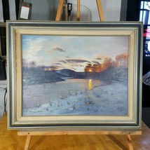 Oil On Canvas 18 X 24 Sheely Winter Scene Sunset Over Rural Stream Wilderness - £156.41 GBP