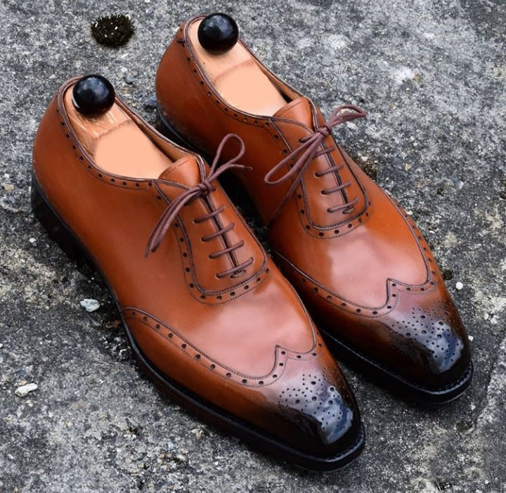 Handmade Men's Tan Color Two Tone Leather Shoes, Wing Tip Brogue Dress Formal