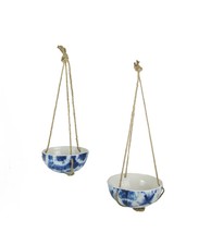 Set of 2 Blue and White Shibori Style Dyed Ceramic Hanging Mini Planters - $29.69