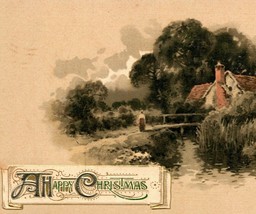 Vtg Unused Christmas Postcard A Happy Christmas Cabin Bridge Creek Winsch Back - £5.38 GBP