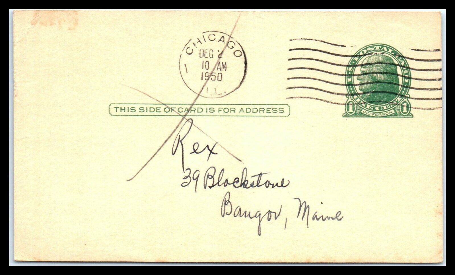Primary image for 1950 US Postal Card - Chicago, Illinois to Bangor, Maine U4