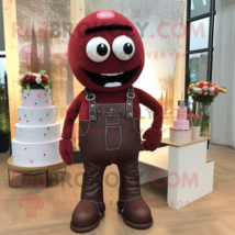 Maroon Wedding Cake mascot costume character dressed with a Dungarees and Cummer - £998.71 GBP