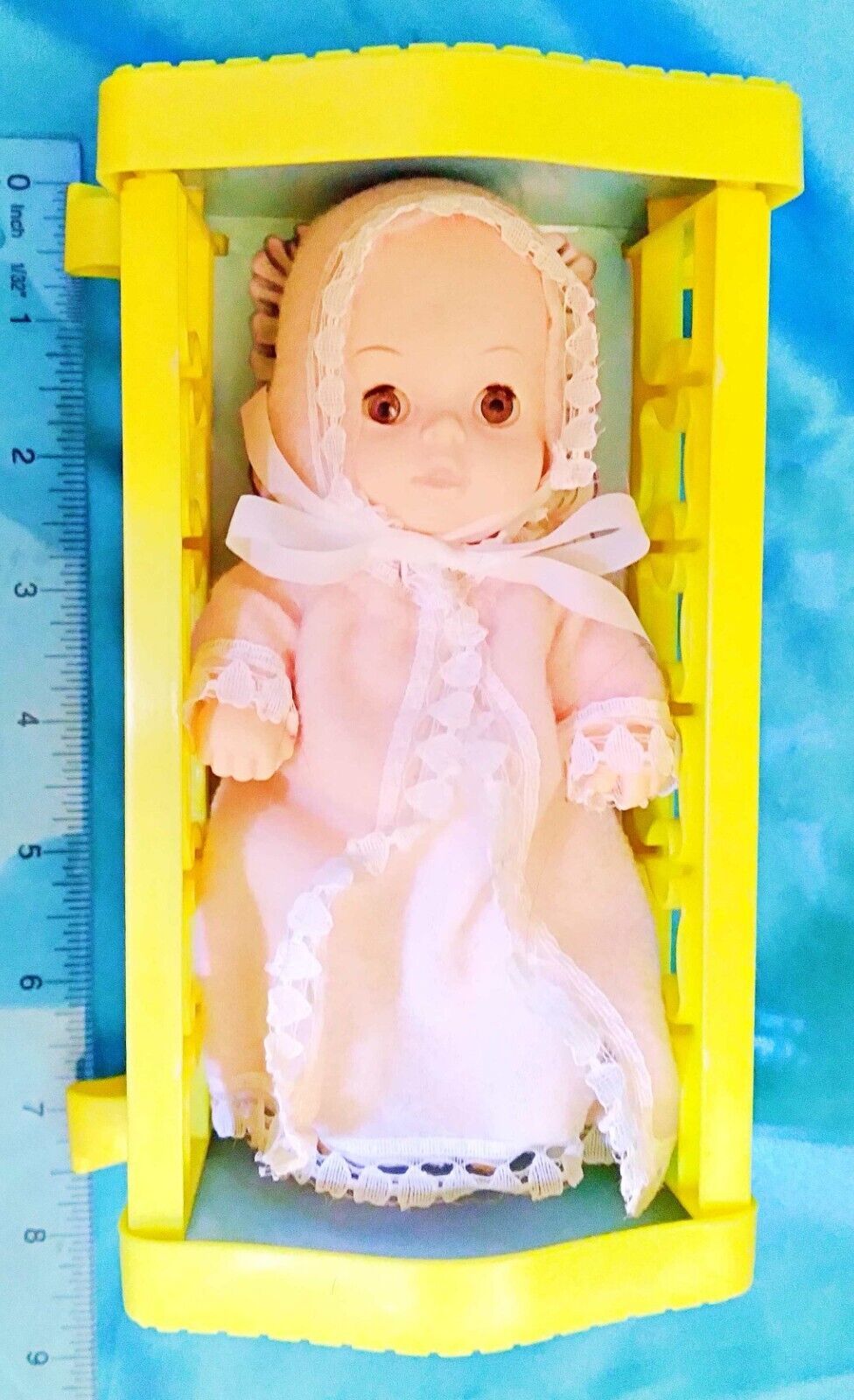 Primary image for Vintage Baby Uneeda Doll in Yellow Crib 8"