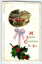 Christmas Postcard Cattle Cows On Farm Holly Vintage 1910 Embossed Serie... - $11.40