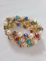  Gold Tone with Faux Aquamarine Crystals Ornate Bracelet - £12.79 GBP