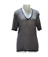 EMANUEL UNGARO Women Top Gray Metallic Semi-Sheer V-Neck Pullover Size L... - $35.09