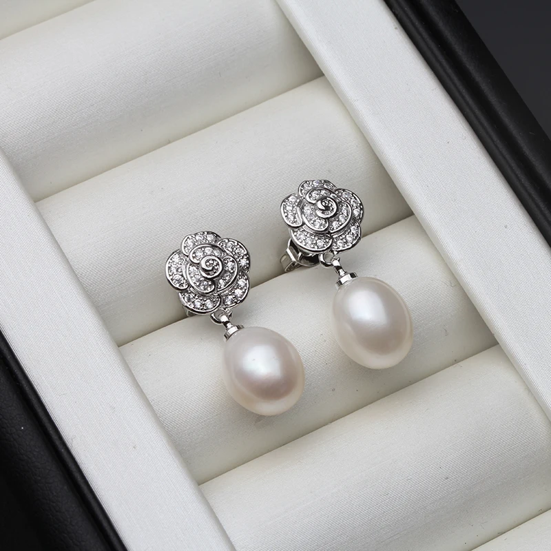 Vintage 925 Sterling Silver Flower Natural Freshwater Pearl Earrings For Women - £12.67 GBP