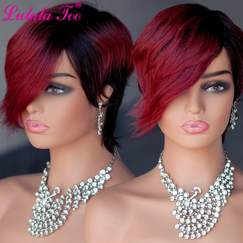 Burgundy Red Ombre Human Hair Wigs Non Lace Colored Short Straight Bob Pixie C - £38.09 GBP
