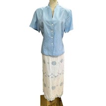 Vintage 80s Jessica Howard Linen Blend Blue White Skirt Suit Size 14 Embroidery - £49.34 GBP
