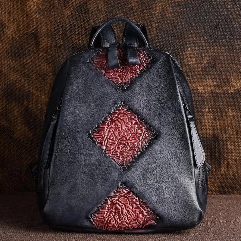 Handmade Retro Embossed Floral Backpack For Women  Cowhide Leather  Women Bag So - £77.44 GBP