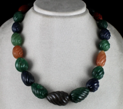 Natural Semi Precious Carved Melon Beads Necklace 942 Cts Gemstone Silver Clasp - £149.33 GBP