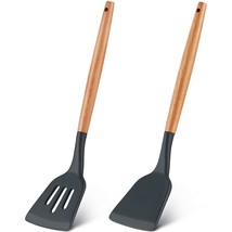 2 Pieces Silicone Slotted Turner Set, Silicone Turner Spatula With Wood Handle,  - £15.97 GBP