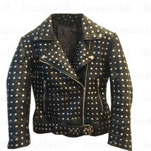 New Women&#39;s Black Silver Studded Heart Front Pockets Biker Leather Jacket-137 - £263.77 GBP