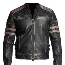 Retro 1, Men&#39;s Vintage Motorcycle Cafe Racer Biker Black Real Leather Jacket - £142.22 GBP