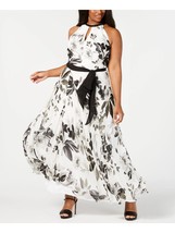 Calin Klein White Black Floral Halter Maxi Dress Gown Beaded Bow Belt Si... - £54.45 GBP