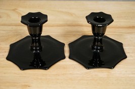 Vintage Set Black Amethyst Westmoreland Octagon Base Glass Squat Candleholders - £22.00 GBP