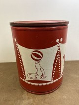 Vintage TOY BARREL red nursery decor box metal fiber storage can drum bin round - £47.25 GBP