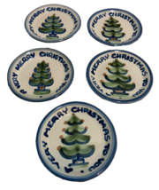 M.A. Hadley Pottery Set of 5 Merry Christmas Tree Coaster Stoneware Plates 4 in - £50.36 GBP