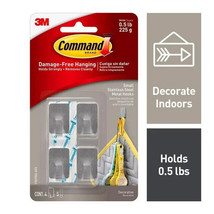 Command Small Stainless Steel Metal Adhesive Hooks New 4 Hooks, 5 Clear Strips - £8.04 GBP