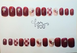 24pc Press on Nails Nude Red White Checkerboard Hearts Medium Length - £6.39 GBP