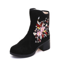 Women Cotton Embroidered Chunky Ankle Boots Flowers Embroidery Retro Ladies 6cm  - £44.95 GBP