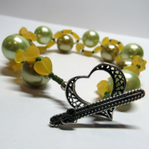 Sterling 925 Silver Toggle Clasp Beaded Yellow Green Cluster Heart Bracelet - $38.60