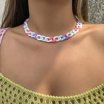 Pink Rainbow Acrylic &amp; 18K Gold-Plated Chain Link Necklace - £11.18 GBP