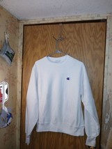 Champion Sweatshirt Reverse Weave Crewneck Logo White Mens Size Small 32x25 - $19.37