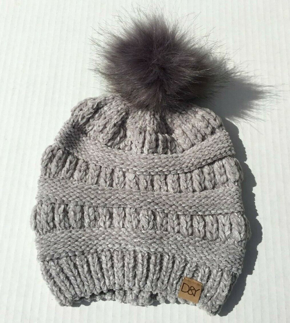 Primary image for Chenille Thick Knit Faux Fuzzy Fur Pom Soft Stretchy Beanie Hat Color Gray NEW#J