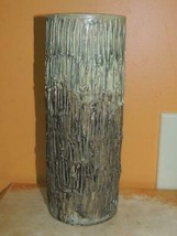 Pottery 9&quot; Vase carved tree bark natural drip Green Antique Vintage art pottery - £36.07 GBP