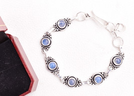 Rhodium Polished Handcrafted Round Moonstone Elegant Bezel Bracelet Women Wear - £25.46 GBP