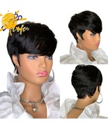 ŪShort Pixie Cut Straight Hair Wig Peruvian Remy Human Hair Wigs For Bla... - £38.93 GBP