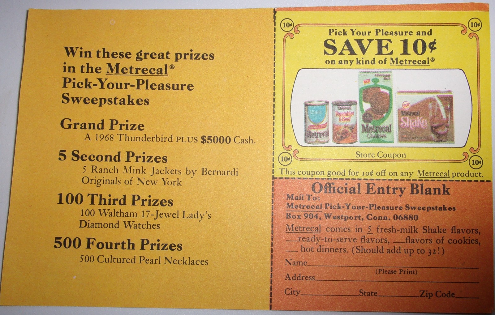 Vintage Metrecal Products 10 Cent Coupon &amp; Sweepstakes Entry Blank 1967 - $1.99