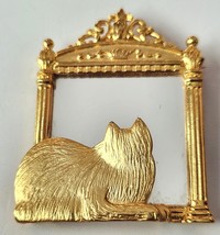 JJ Jonette Jewelry Cat Mirror Brooch Pin Gold Tone Metal  2&quot; x  2 1/4&quot; Vintage - $19.99