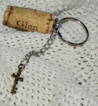 handmade WINE CORK KEY CHAIN w  1-1/8" CROSS in shape of KEY  gold black - $4.80