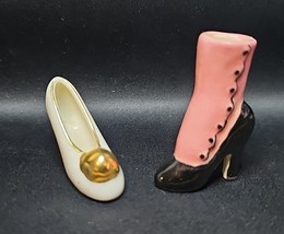 2 Vintage Ceramic Miniature Shoes Victorian Fashion Heels Button Up Ornate - $14.97