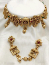 Bollywood Matt Gold Plated Antique Style Indian Chick Necklace Jewelry Set - £30.36 GBP