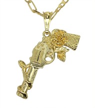 Pistol Gun Wrapped in Rose Pendant 20&quot; Figaro Necklace 14k Gold Plated Jewelry - £7.50 GBP