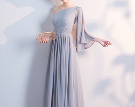 Gray Full Chiffon Bridesmaid Dress Gray Wedding Plus Size Maxi Chiffon Dress image 3