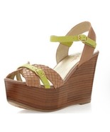 Seychelles Wedge Sandals Tan/Lime Woven 7.5 Stacked Wood Platform Anthro... - €76,44 EUR