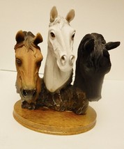 Three Horse Horses Sculpture Figures Animals Resin Ceramic Wood Base 9&quot;Tx6&quot;Wx4&quot;D - £38.44 GBP