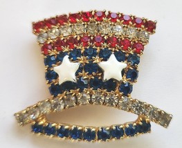 Uncle Sam Hat Brooch Pin Patriotic Star Stripes Red White and Blue Rhinestones - £19.61 GBP