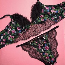 Victoria&#39;s Secret Longline 36C/36D L Bra Set Panty Black Lace Green Pink Floral - £55.38 GBP