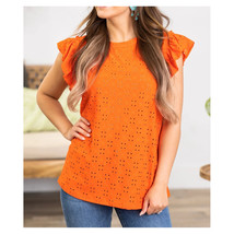 Orange Flutter Sleeve Knit Eyelet Top   Cowl Neck Eyelet Jacquard Short ... - £17.37 GBP