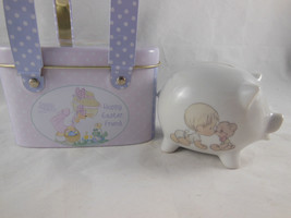 Vintage Japan 1985 Enesco Precious Moments Piggy Bank Porcelain 3&quot; X 3.5&quot; + Tin - £5.40 GBP