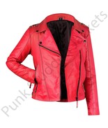 Women&#39;s Red Leather Biker Jacket with Black Studs – Moto Style, Asymmetr... - $1,863.81 MXN+