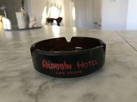 Vintage Aladdin Hotel Las Vegas Nevada Red Print Black Glass Ashtray - $9.49